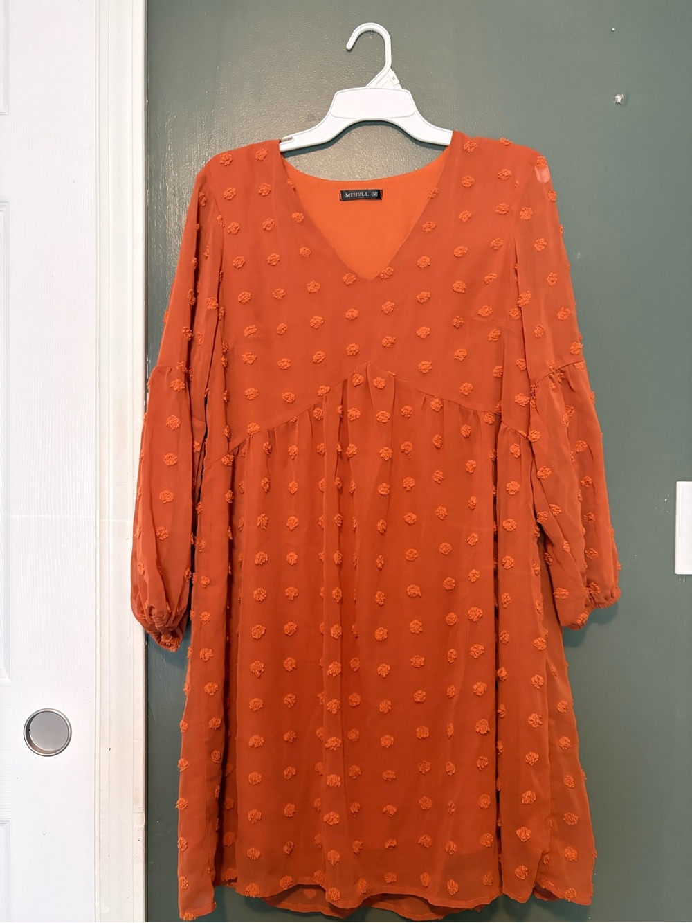 MIHOLL Orange Textured Ruffle V-Neck Balloon Sleeve Shift Dress Women M